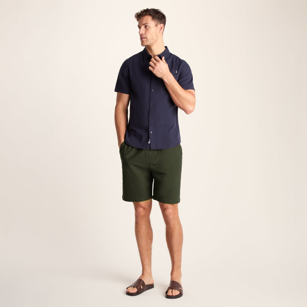 Allento Mens Relaxed Fit Herringbone Fabric Shorts - Dark Olive Green - Image 2