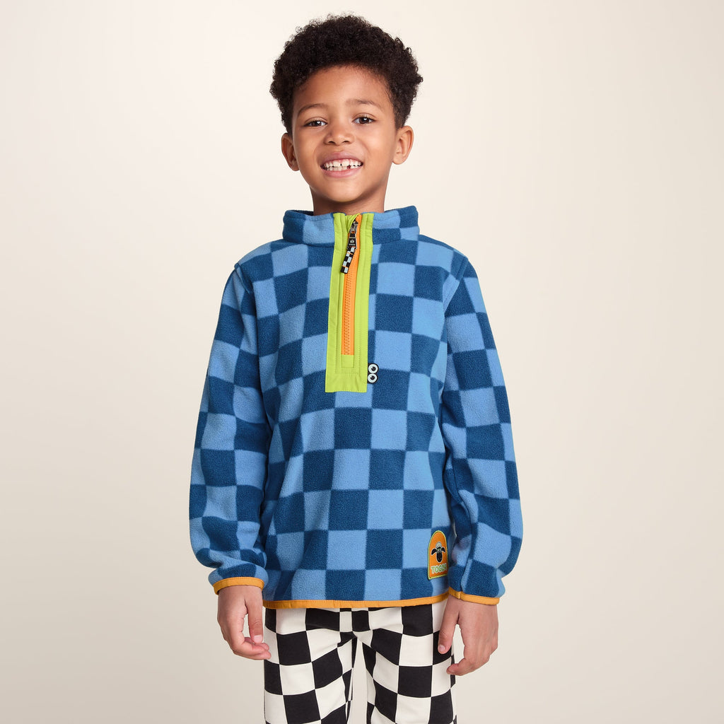 Brecknock Kids Shaun the Sheep Fleece Zip Neck - Bluebell/Night Blue Checkerboard