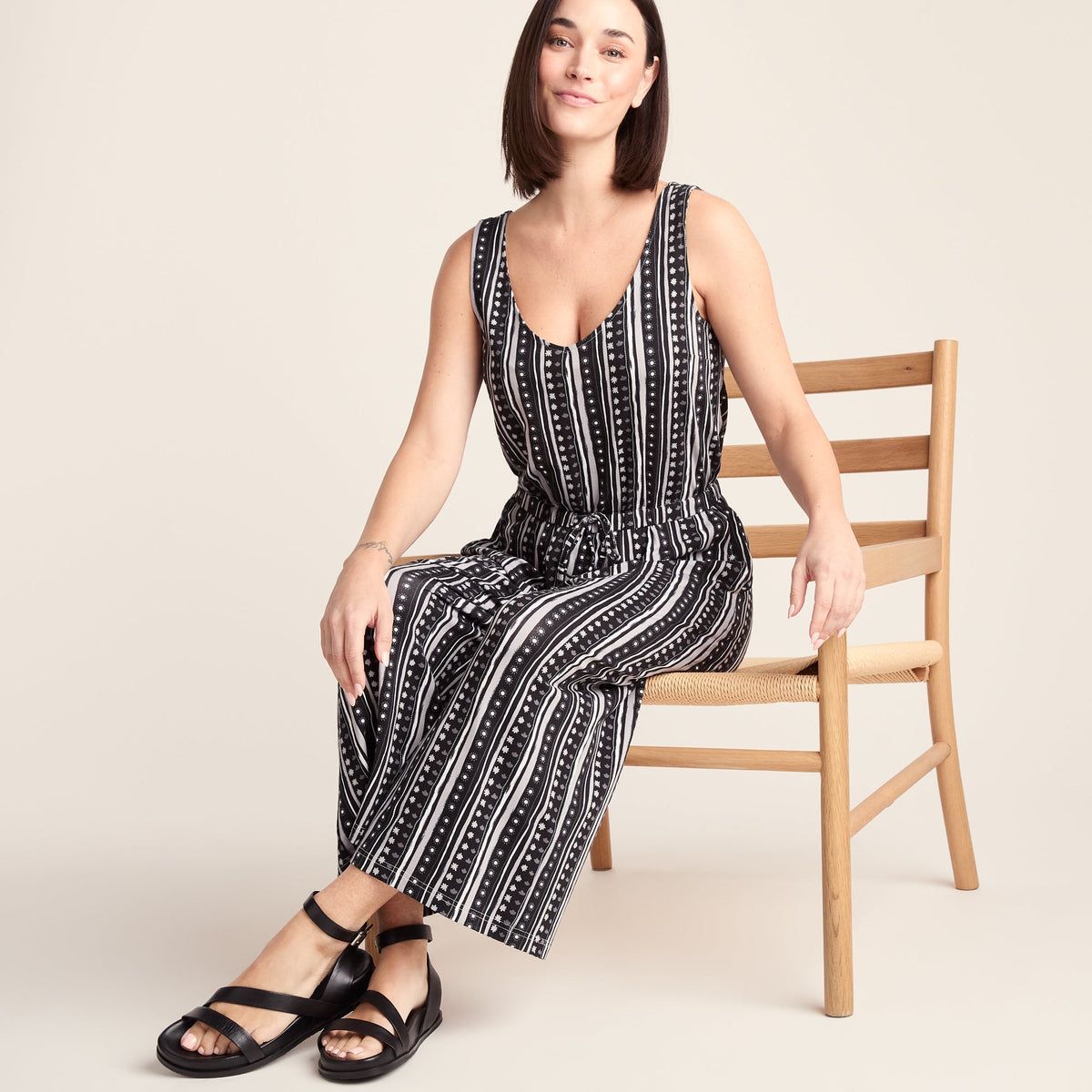 Emmie Womens Supersoft Jumpsuit - Black Doodle Stripe Print - Image 5