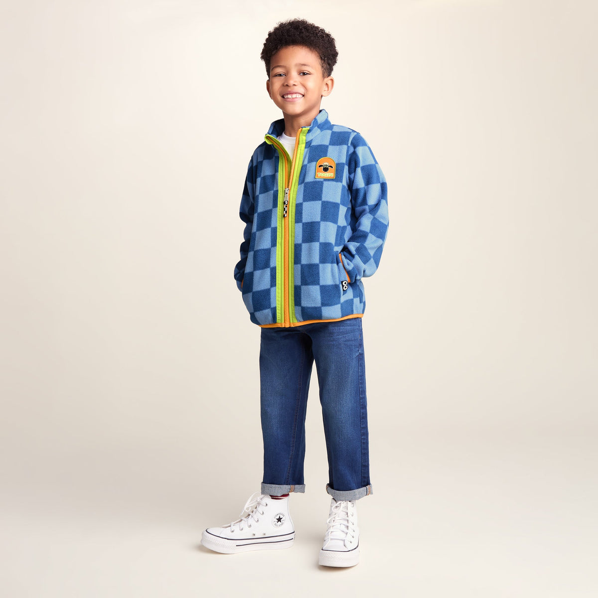 Lacaune Kids Shaun the Sheep Fleece Zip Jacket - Bluebell/Night Blue Checkerboard - Image 2