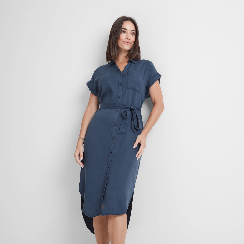 Lenira Womens Relaxed Fit Luxurious Tencel Lyocell Shirt Dress - Dark Denim - Image 2
