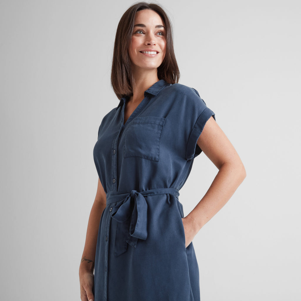 Lenira Womens Relaxed Fit Luxurious Tencel Lyocell Shirt Dress - Dark Denim - Image 5