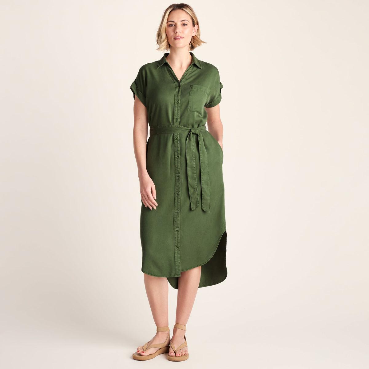 Lenira Womens Relaxed Fit Luxurious Tencel Lyocell Shirt Dress - Dark Matcha - Image 3