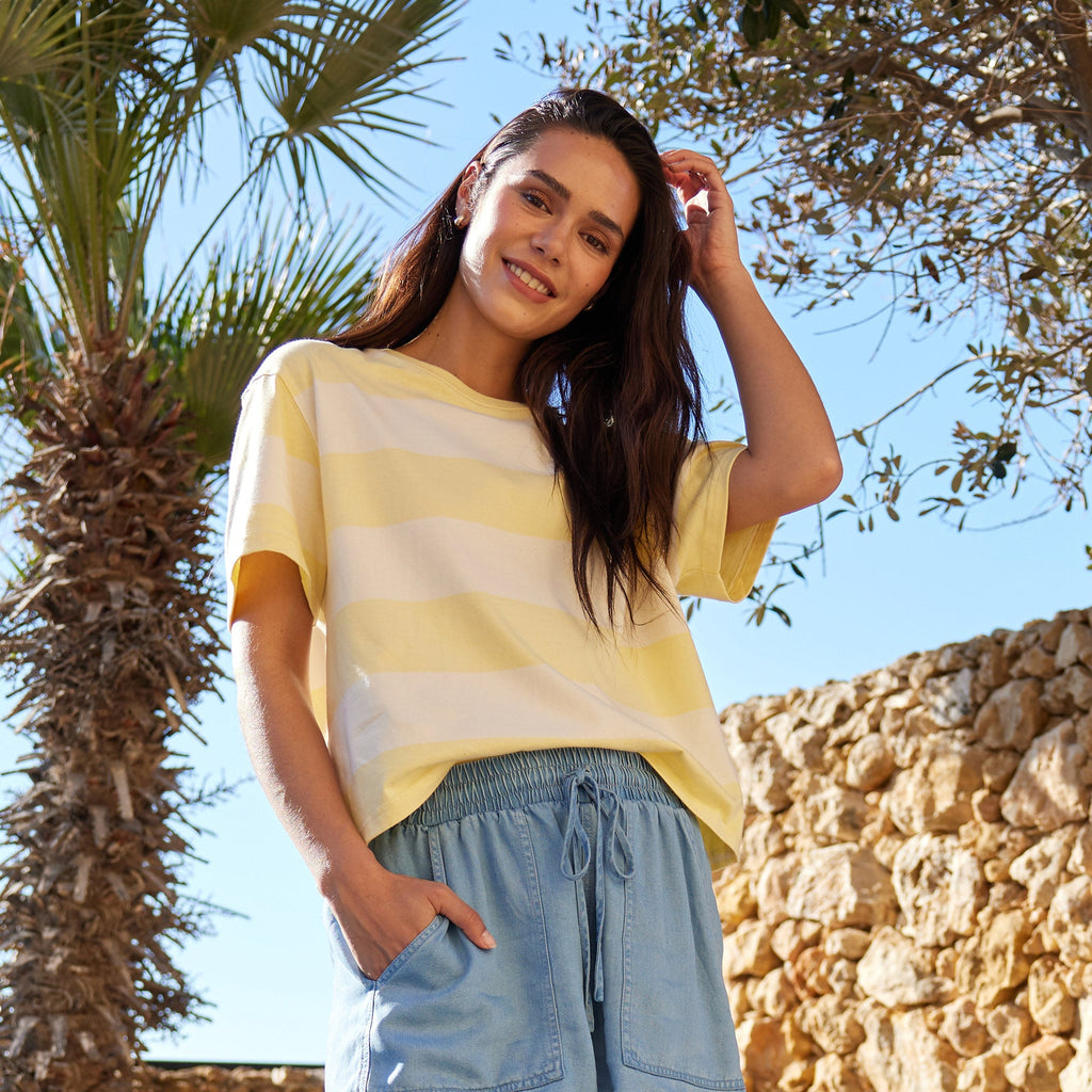 Lani Womens 100% Cotton Supersoft Boxy Fit T-Shirt - Butter Yellow Stripe - Image 2