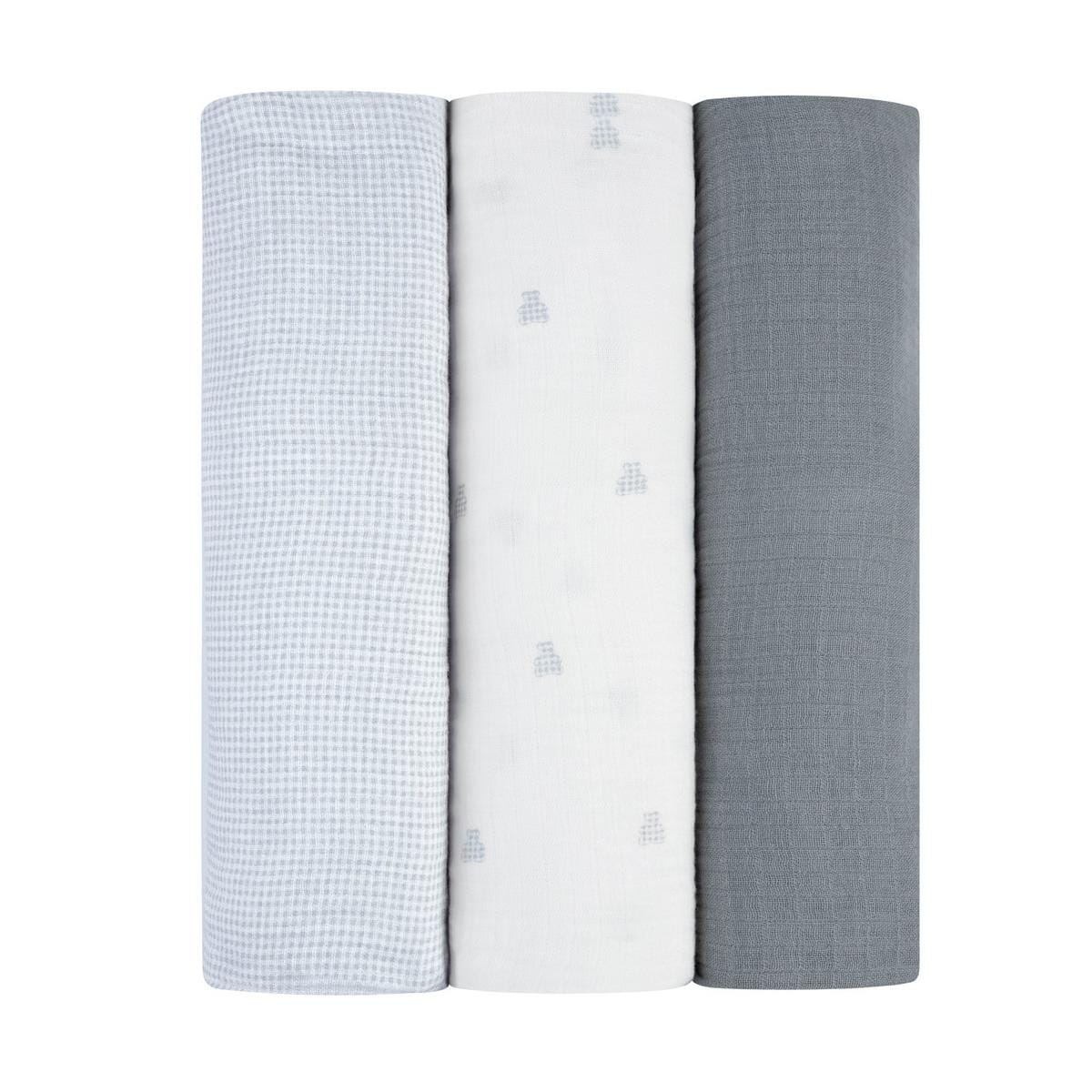 Ely's & Co. 3 Pack Muslin Swaddles - Gingham Bear Collection - Blue - Image 2