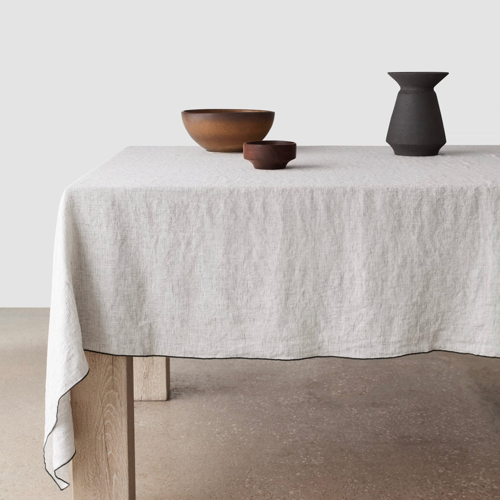 Stonewashed Linen Tablecloth - Graphite Thin Stripe