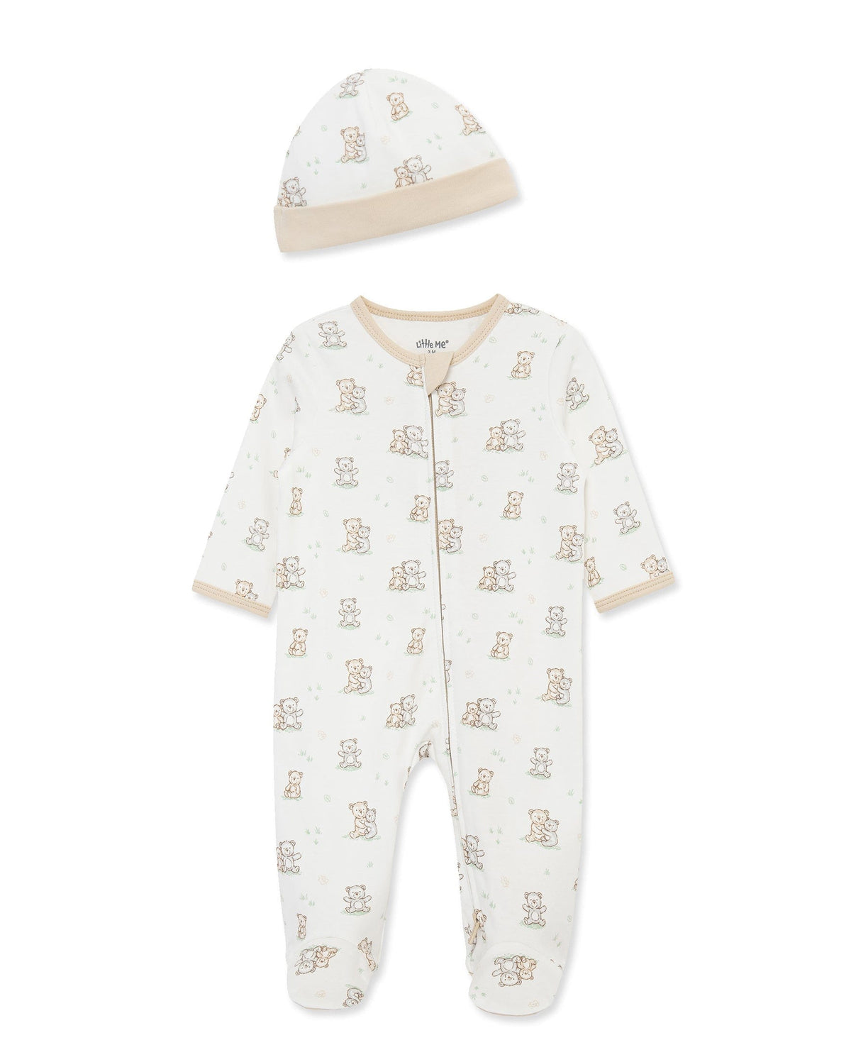Little Me Fuzzy Bears 2-Way-Zip Footed One-Piece and Hat - White Print, 3M