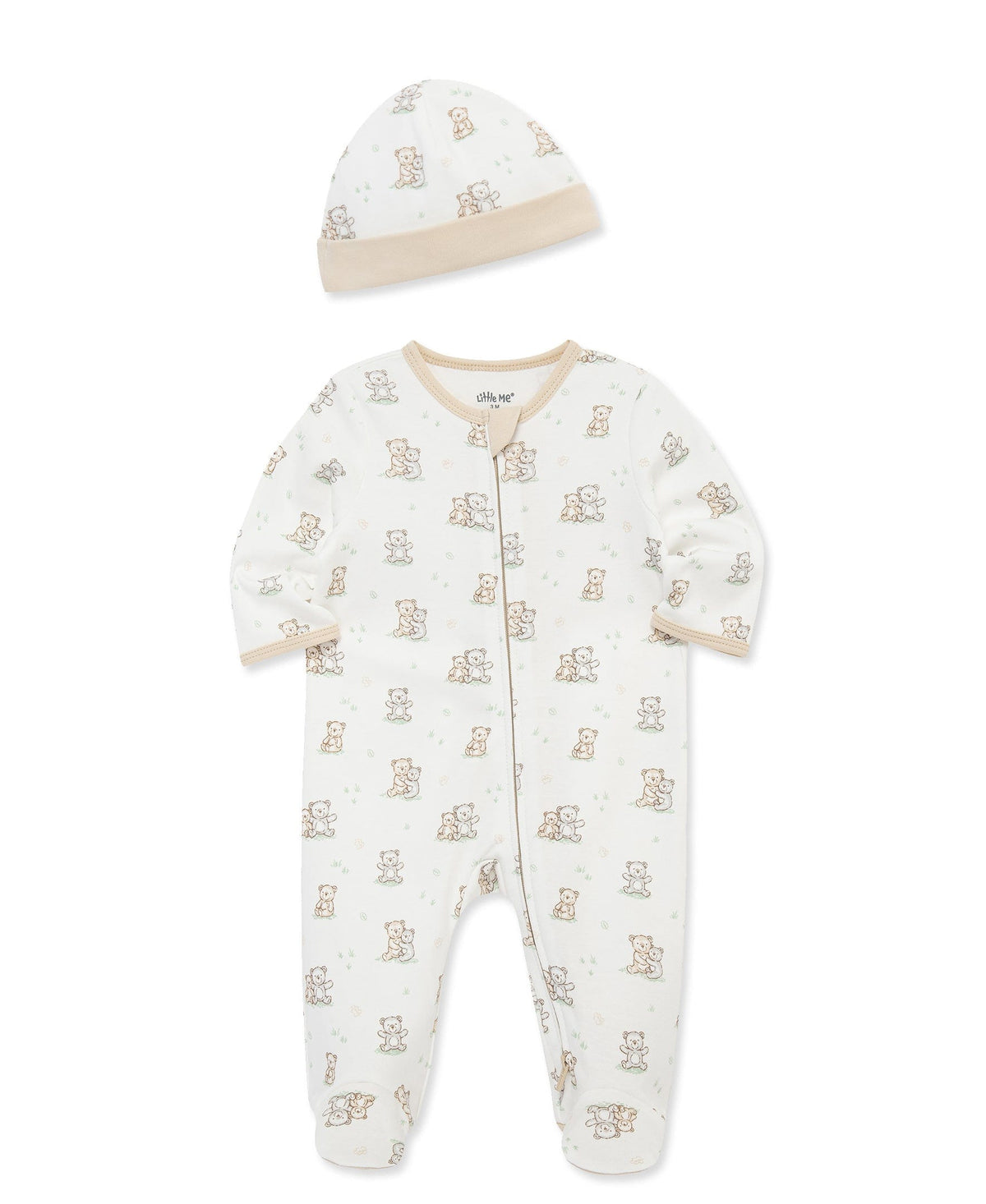 Little Me Fuzzy Bears 2-Way-Zip Footed One-Piece and Hat - White Print, 3M - Image 3