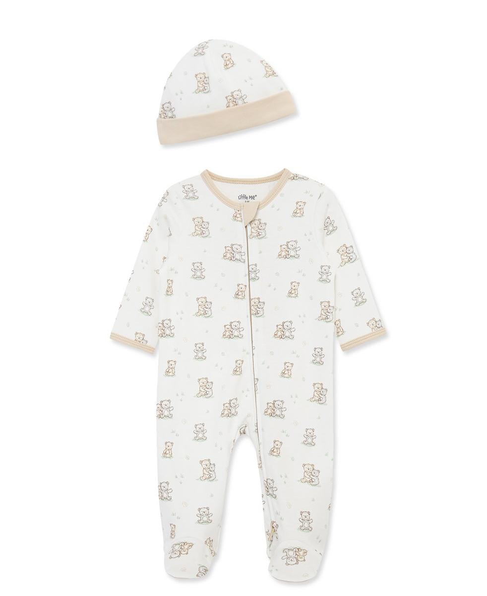 Little Me Fuzzy Bears 2-Way-Zip Footed One-Piece and Hat - White Print, NB - Image 5